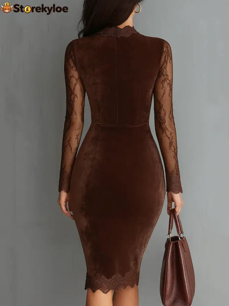 Brown Vintage Keyhole Neckline Lace Sleeve Velvet Mini Dress