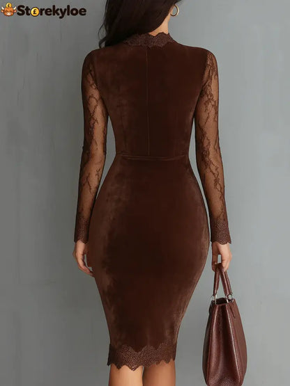 Brown Vintage Keyhole Neckline Lace Sleeve Velvet Mini Dress