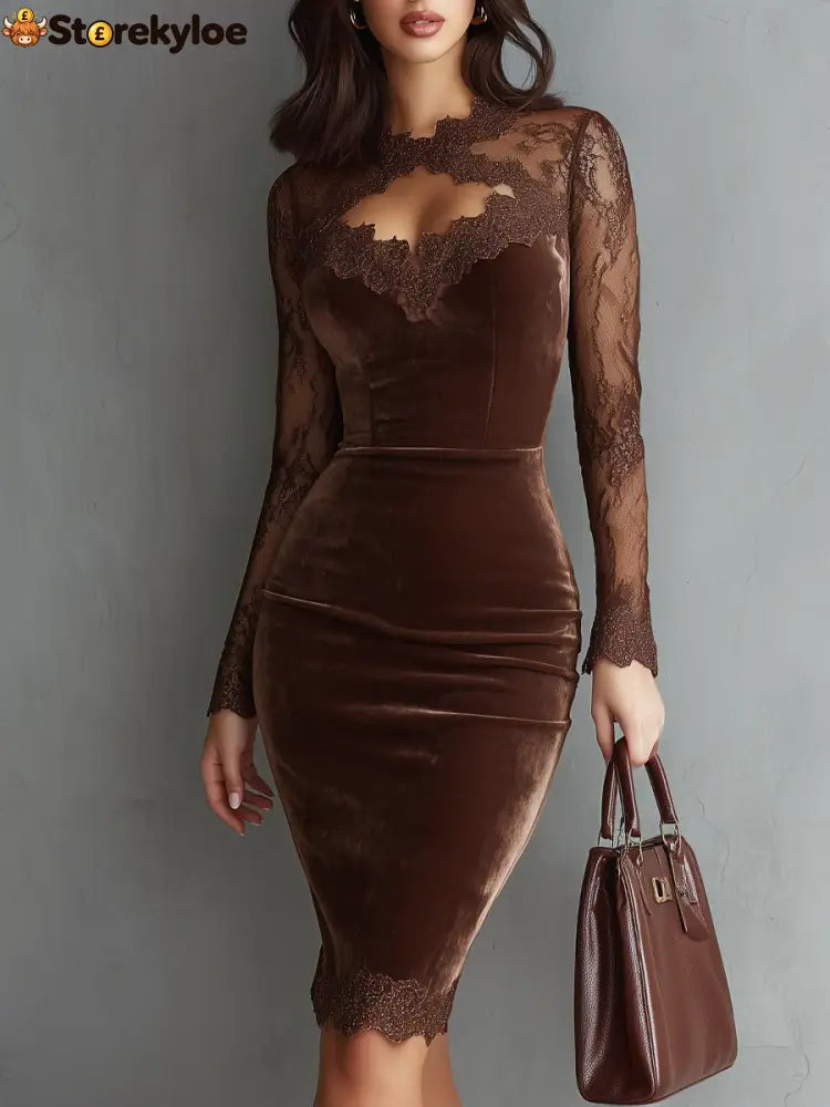 Brown Vintage Keyhole Neckline Lace Sleeve Velvet Mini Dress - Brown / XS