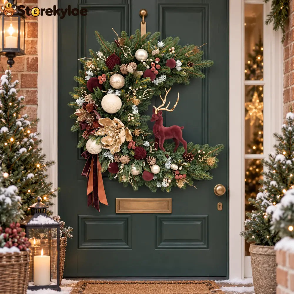 🎄 Burgundy Reindeer Christmas Wreath - Vintage forest-style Christmas wreath