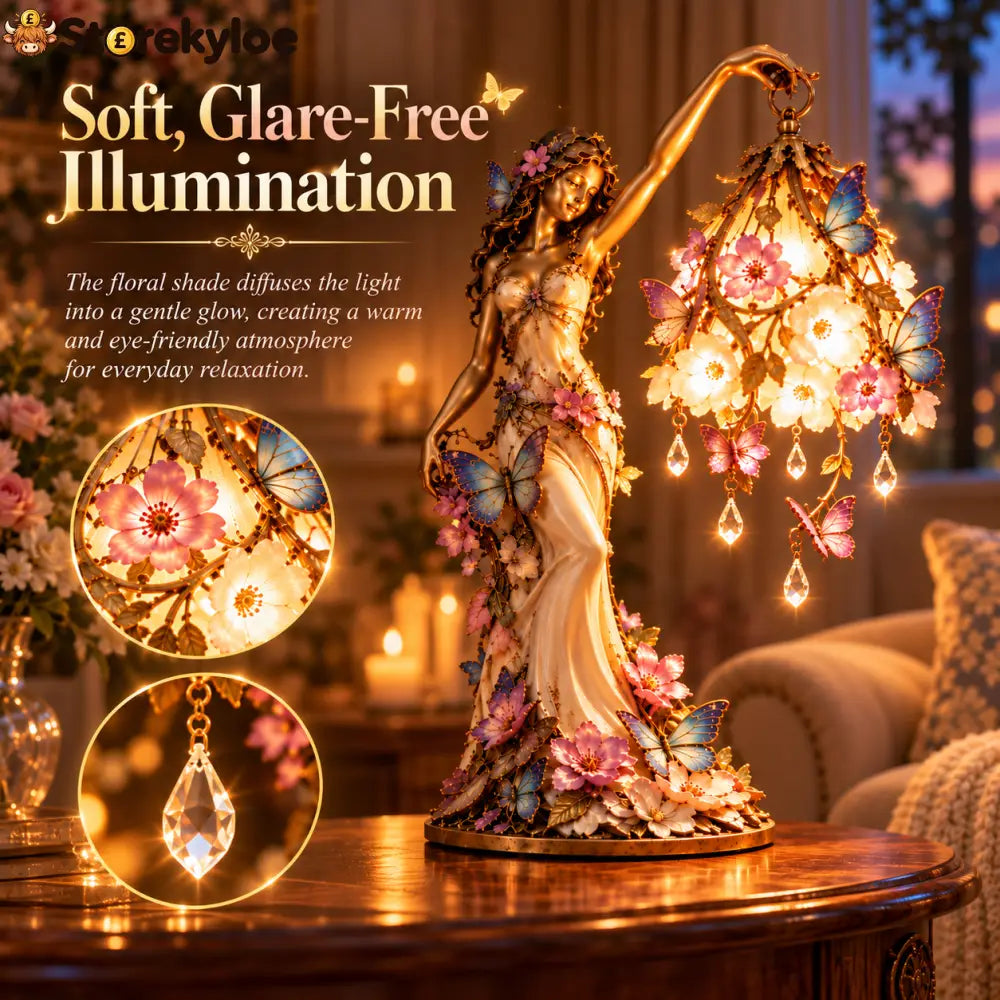 🦋 Butterfly Lady Accent Lamp – Elegant Floral Goddess Light with Crystal Drops