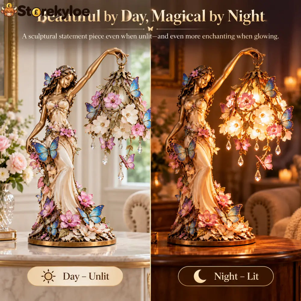 🦋 Butterfly Lady Accent Lamp – Elegant Floral Goddess Light with Crystal Drops
