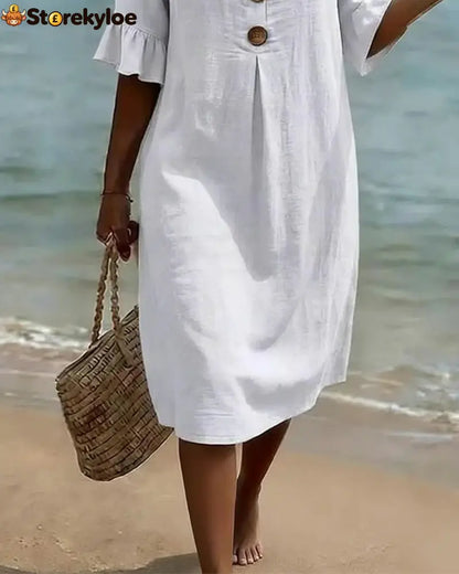 Button Ruffle Sleeve 100% Cotton Dress - Dresses