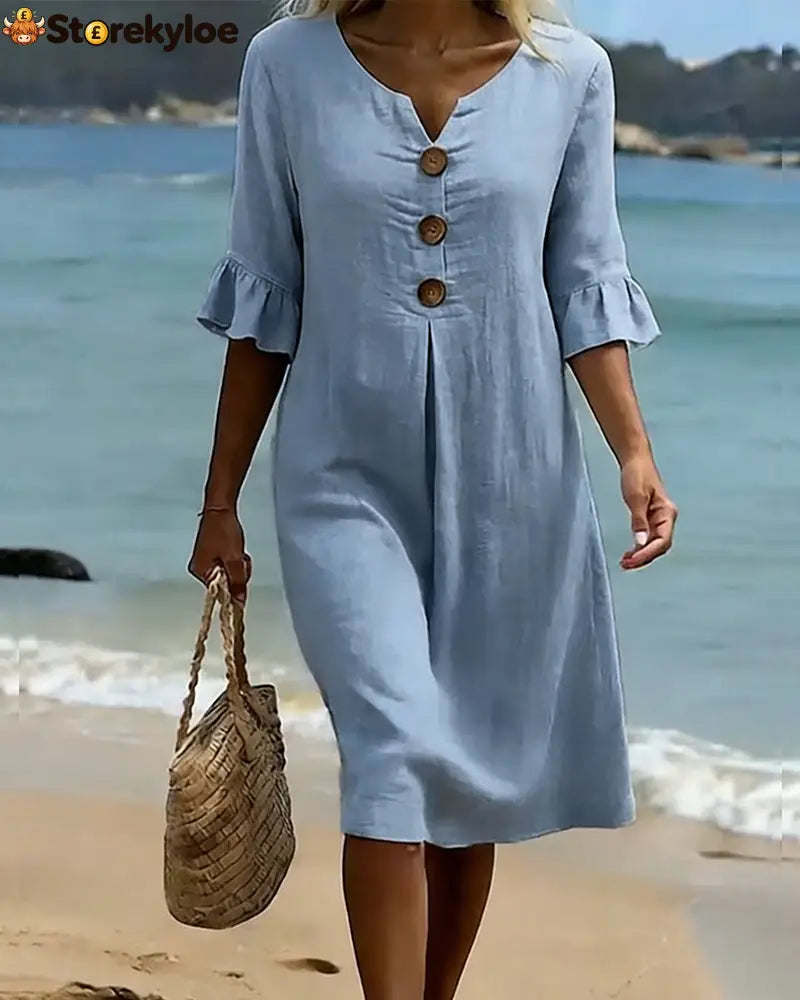 Button Ruffle Sleeve 100% Cotton Dress - Dresses