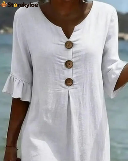 Button Ruffle Sleeve 100% Cotton Dress - Dresses