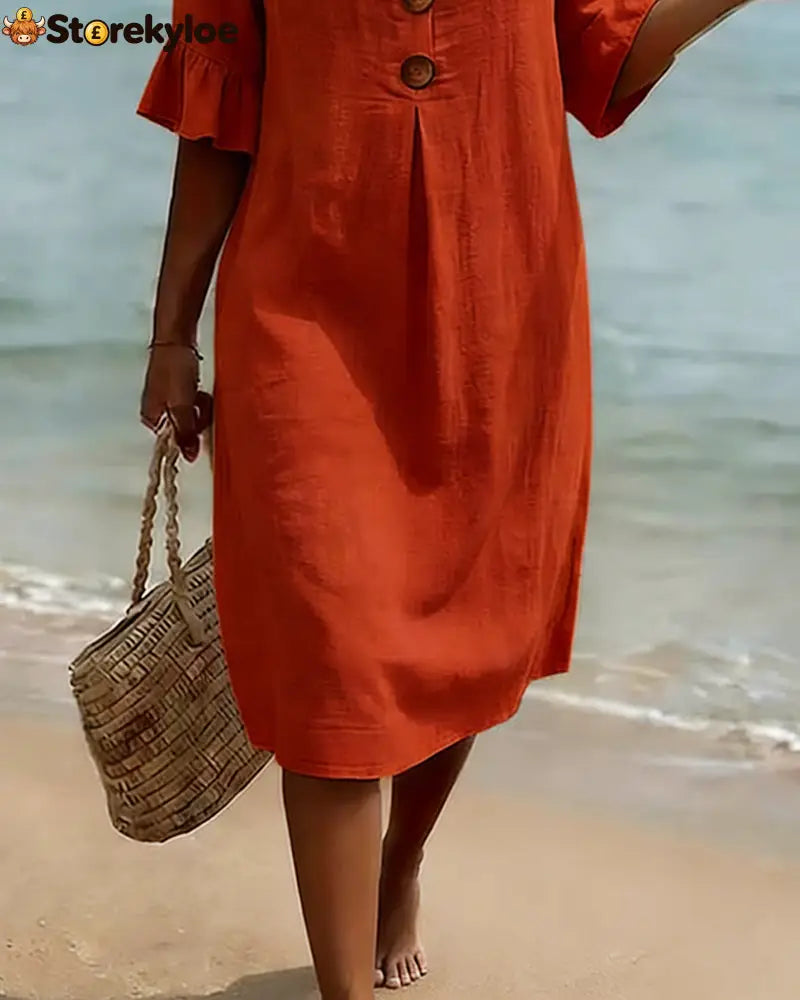 Button Ruffle Sleeve 100% Cotton Dress - Dresses