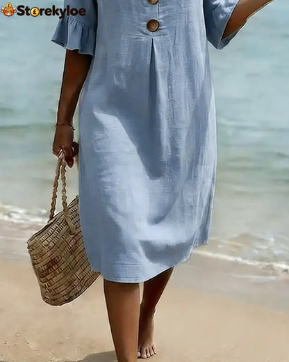 Button Ruffle Sleeve 100% Cotton Dress - Dresses