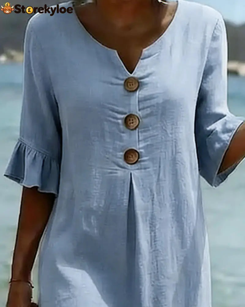 Button Ruffle Sleeve 100% Cotton Dress - Dresses