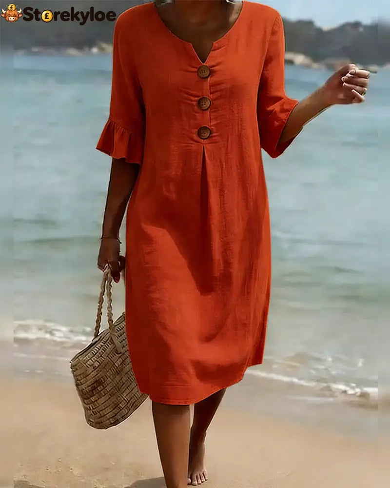 Button Ruffle Sleeve 100% Cotton Dress - Red / S - Dresses