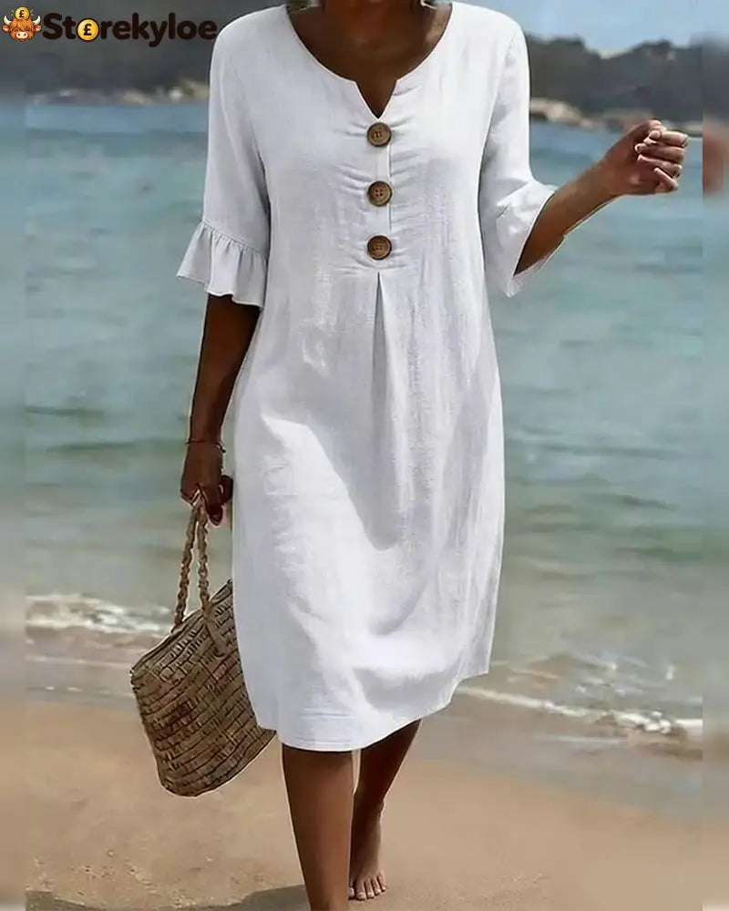 Button Ruffle Sleeve 100% Cotton Dress - White / S - Dresses