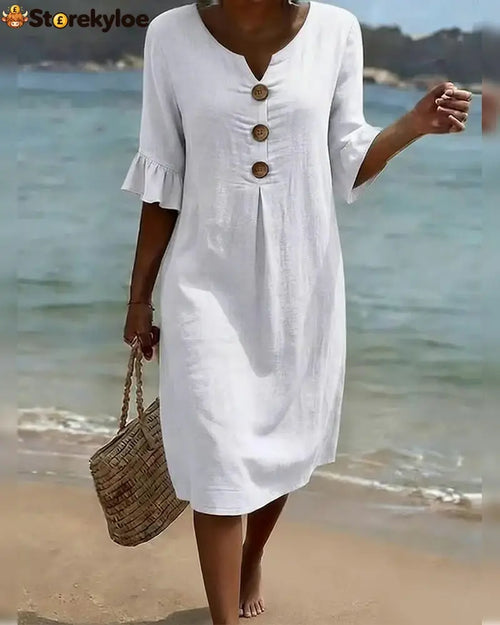 Button Ruffle Sleeve 100% Cotton Dress - White / S - Dresses