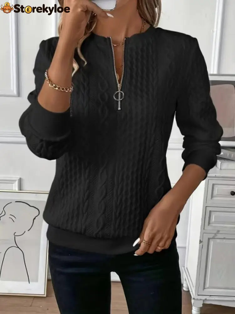 Cable Textured Half‑Zip Long Sleeve Casual Sweatshirt - Black / S