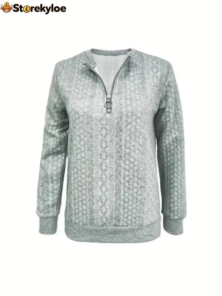Cable Textured Half‑Zip Long Sleeve Casual Sweatshirt - Grey / S