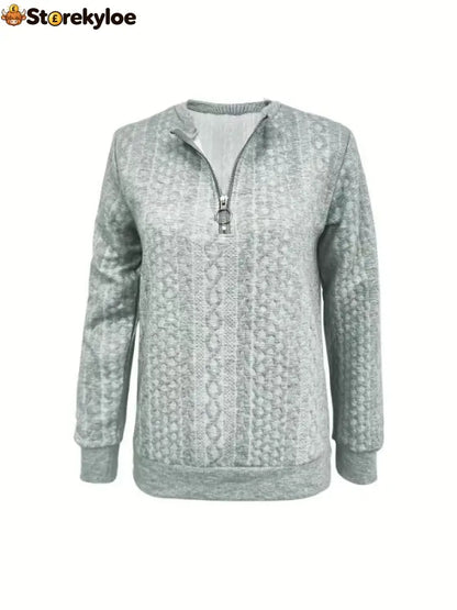 Cable Textured Half‑Zip Long Sleeve Casual Sweatshirt - Grey / S