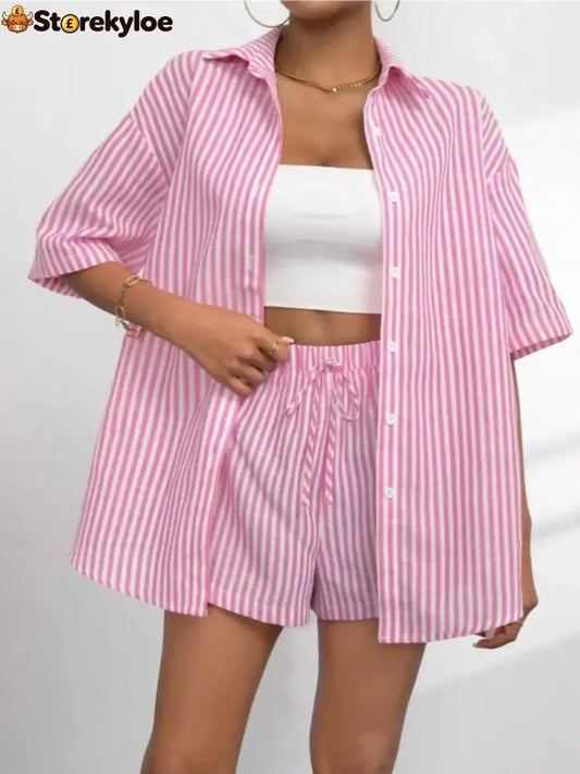 Caitlin Striped Button Up Shirt and Shorts Set - Pink / S