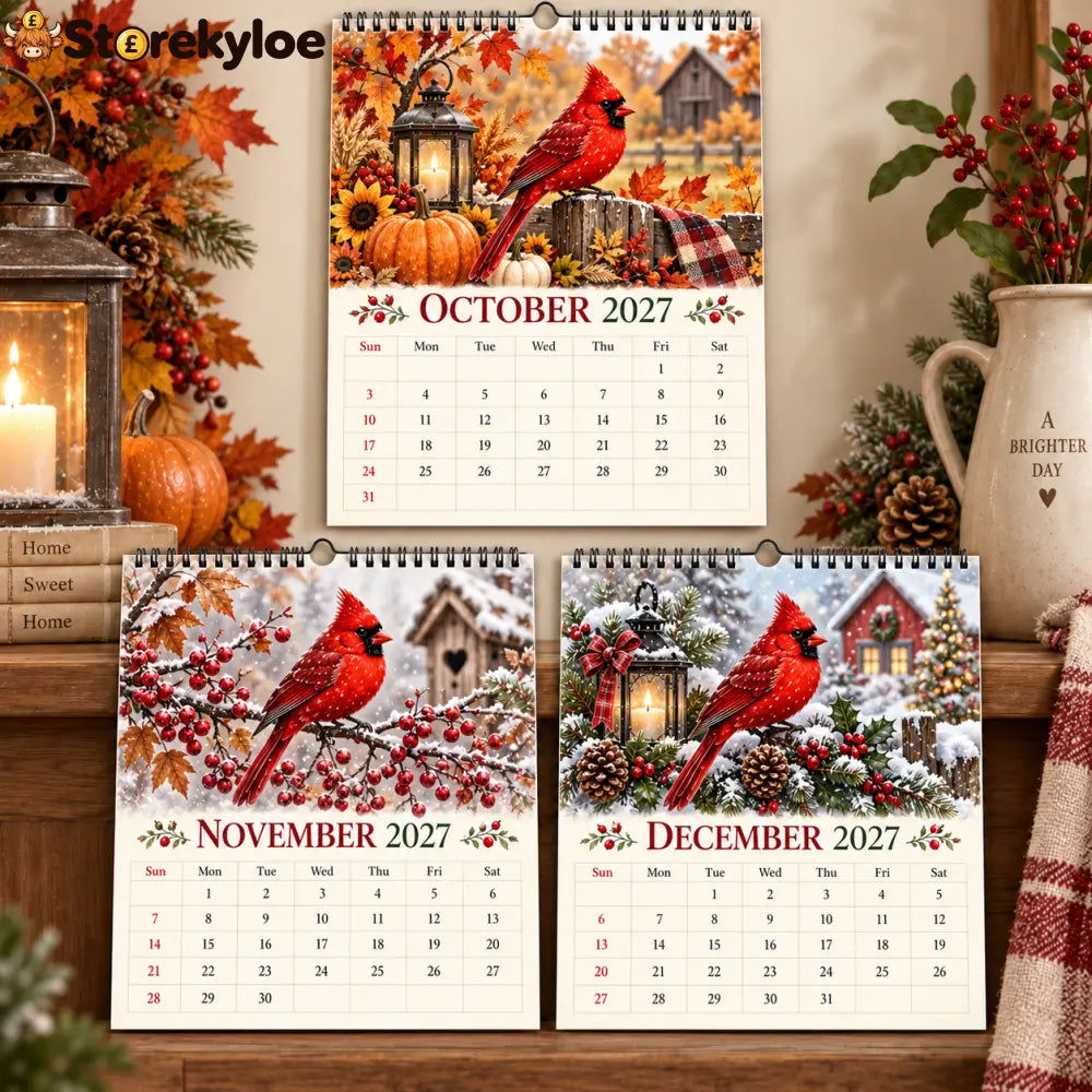 Cardinal 2027 Wall Calendar – 12‑Month Seasonal Art Calendar with Red Cardinals Countryside Florals & Rustic Farmhouse