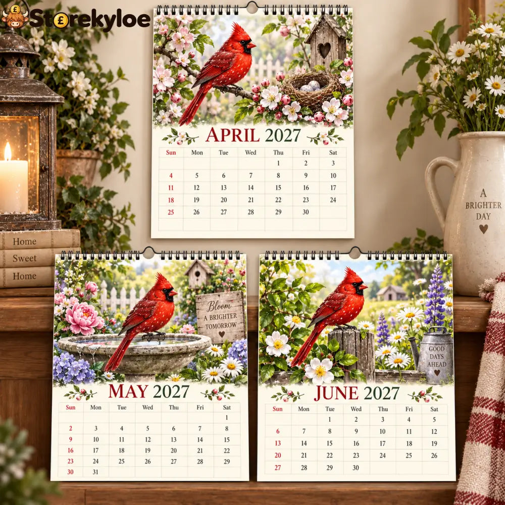 Cardinal 2027 Wall Calendar – 12‑Month Seasonal Art Calendar with Red Cardinals Countryside Florals & Rustic Farmhouse