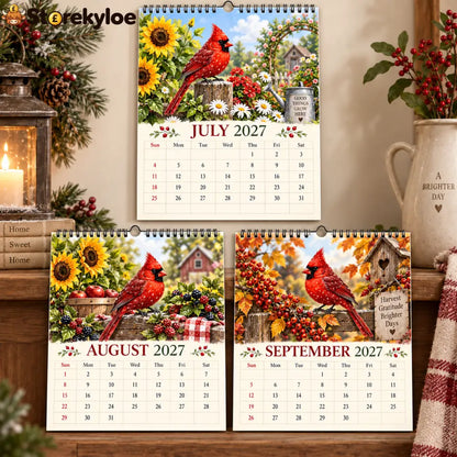 Cardinal 2027 Wall Calendar – 12‑Month Seasonal Art Calendar with Red Cardinals Countryside Florals & Rustic Farmhouse