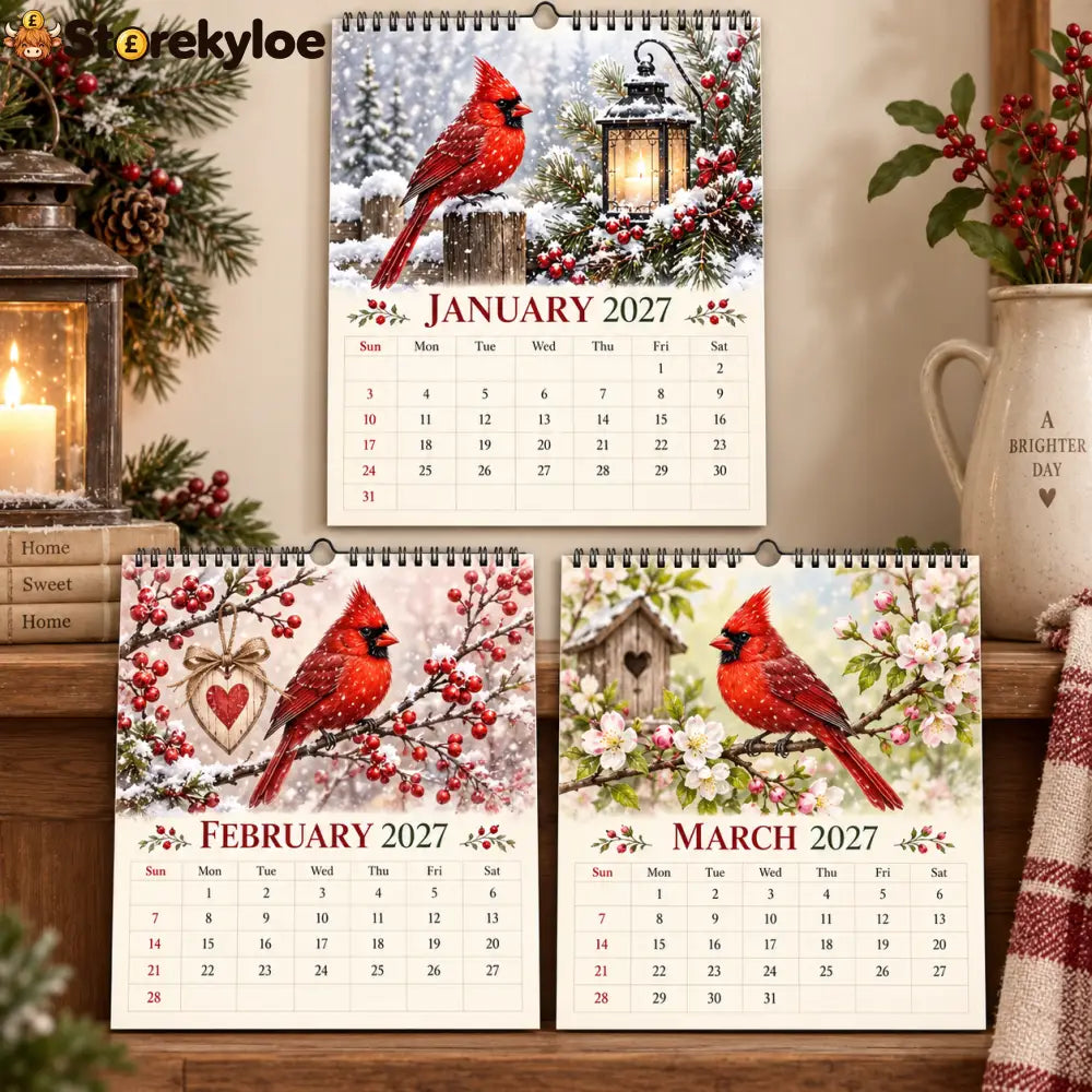 Cardinal 2027 Wall Calendar – 12‑Month Seasonal Art Calendar with Red Cardinals Countryside Florals & Rustic Farmhouse