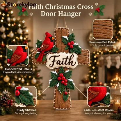 Cardinal Bird Faith Cross Christmas Door Hanger ✝️ Winter Holly Religious Front Door Decor - 13.78 in