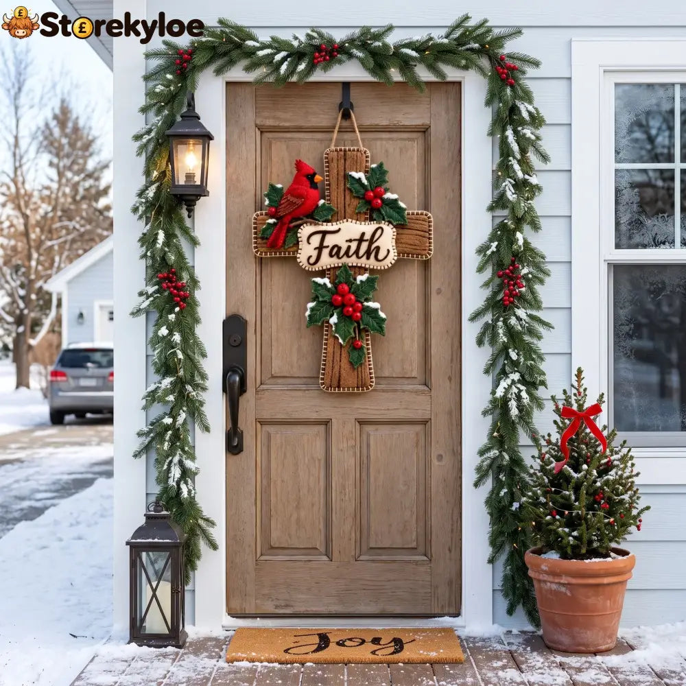 Cardinal Bird Faith Cross Christmas Door Hanger ✝️ Winter Holly Religious Front Door Decor - 13.78 in