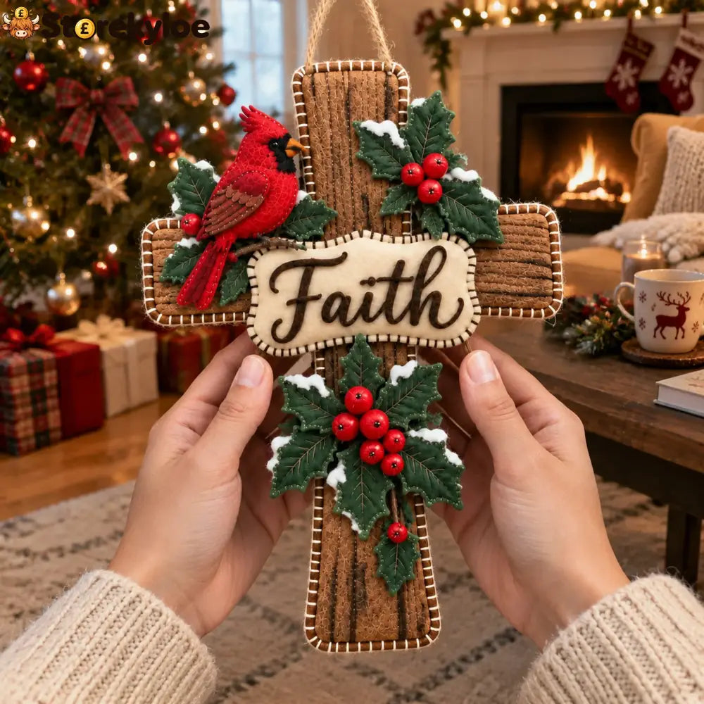 Cardinal Bird Faith Cross Christmas Door Hanger ✝️ Winter Holly Religious Front Door Decor - 13.78 in
