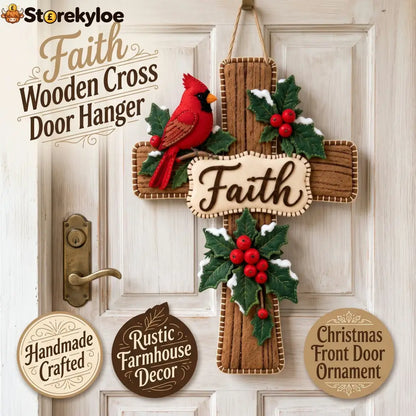 Cardinal Bird Faith Cross Christmas Door Hanger ✝️ Winter Holly Religious Front Door Decor - 13.78 in
