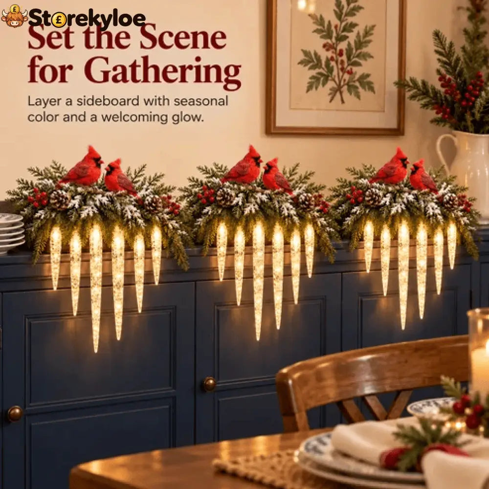 ✨Cardinal Winter Glow, Lighted Snowy Cedar & Icicle Christmas Decor