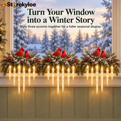 ✨Cardinal Winter Glow, Lighted Snowy Cedar & Icicle Christmas Decor