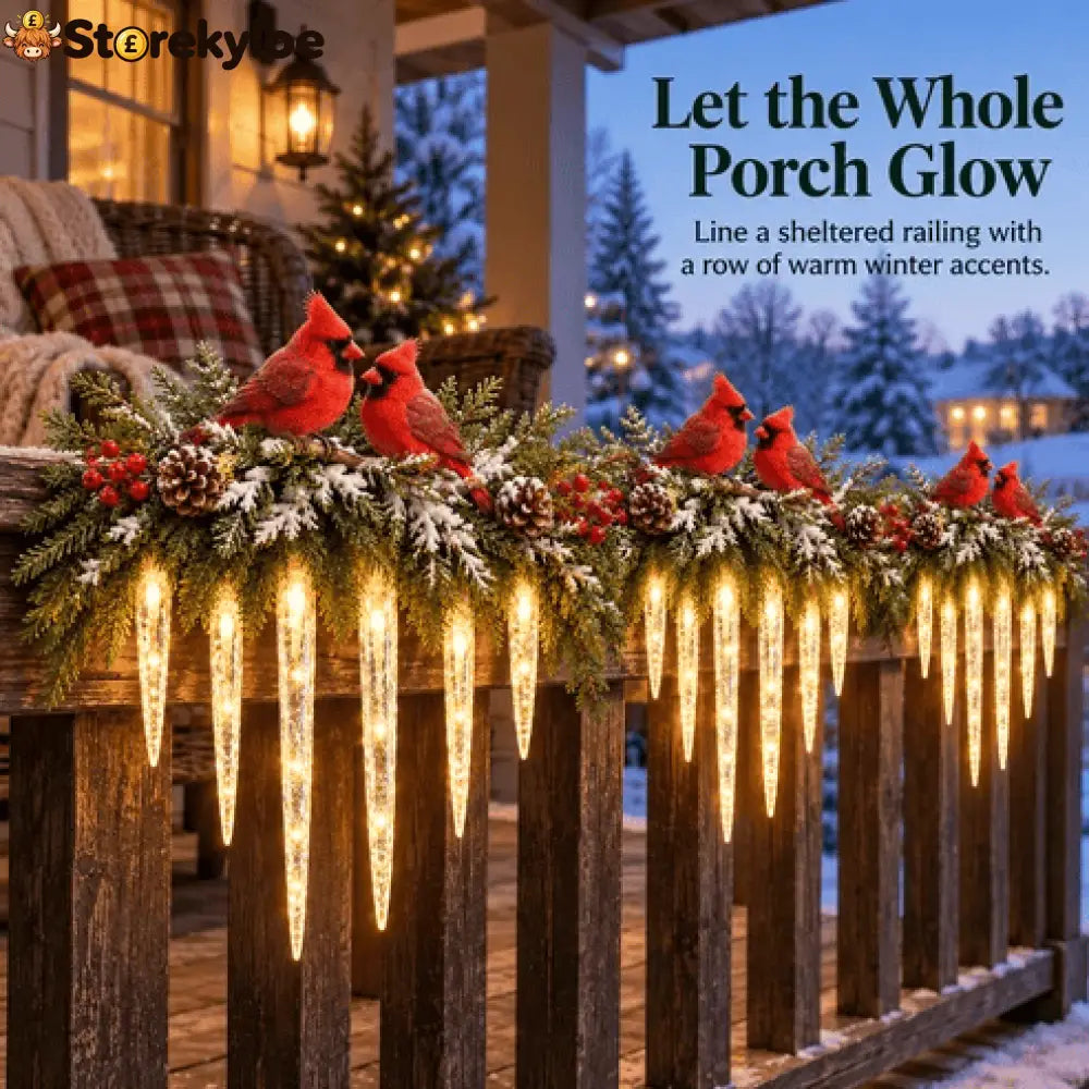 ✨Cardinal Winter Glow, Lighted Snowy Cedar & Icicle Christmas Decor