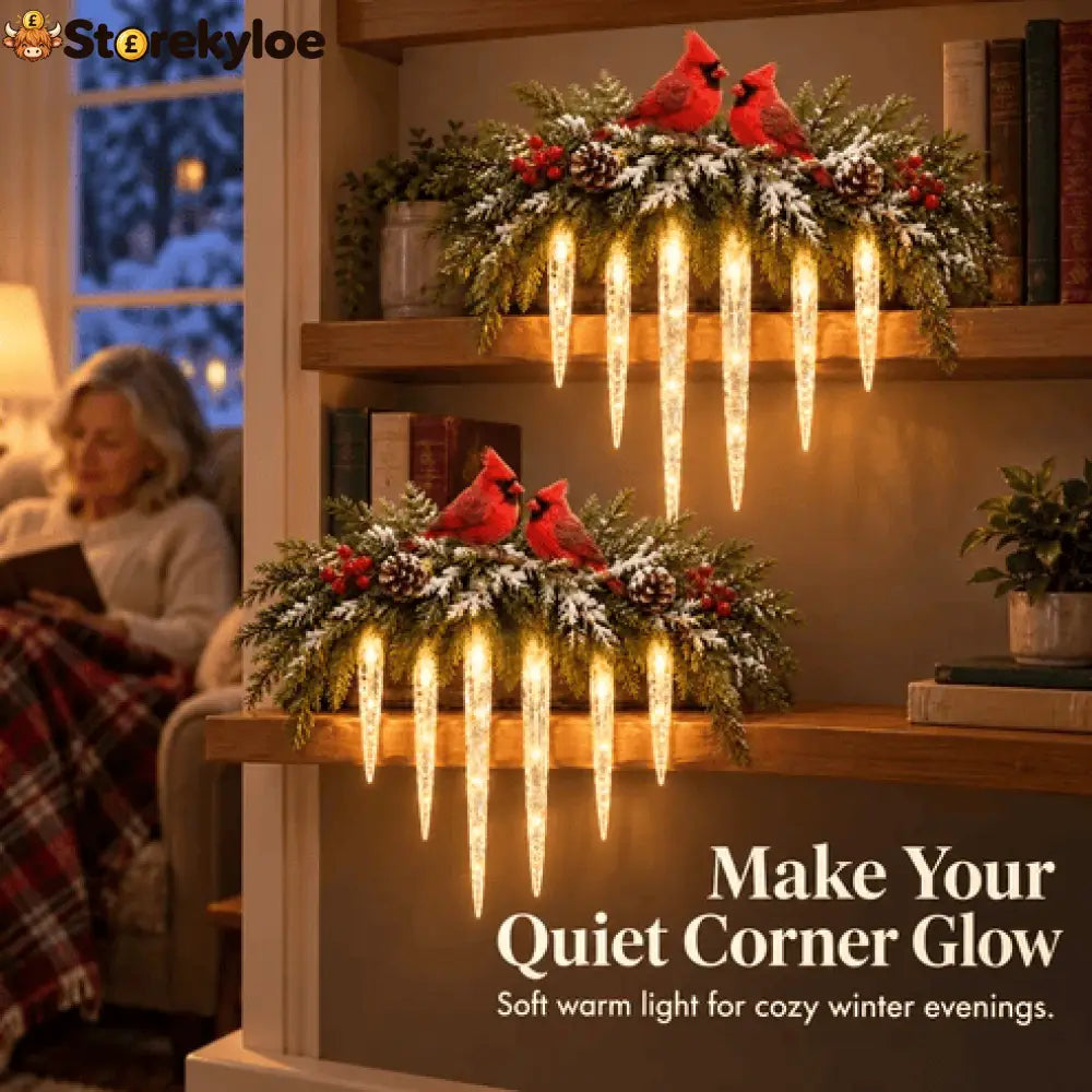 ✨Cardinal Winter Glow, Lighted Snowy Cedar & Icicle Christmas Decor