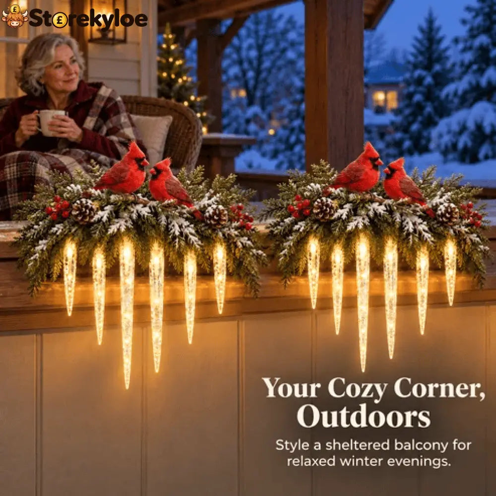 ✨Cardinal Winter Glow, Lighted Snowy Cedar & Icicle Christmas Decor