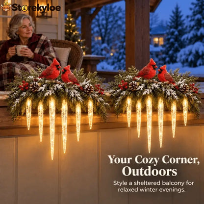 ✨Cardinal Winter Glow, Lighted Snowy Cedar & Icicle Christmas Decor