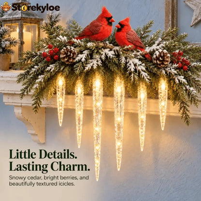 ✨Cardinal Winter Glow, Lighted Snowy Cedar & Icicle Christmas Decor