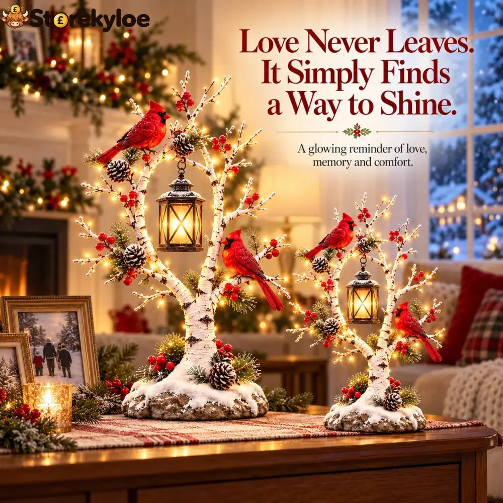 ❤️ Cardinal Winter Lantern Tree™ – Lighted Snowy Birch Tree with Red Cardinals & Hanging Lantern ✨