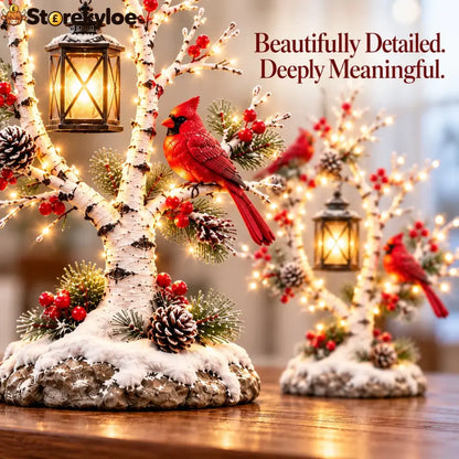 ❤️ Cardinal Winter Lantern Tree™ – Lighted Snowy Birch Tree with Red Cardinals & Hanging Lantern ✨