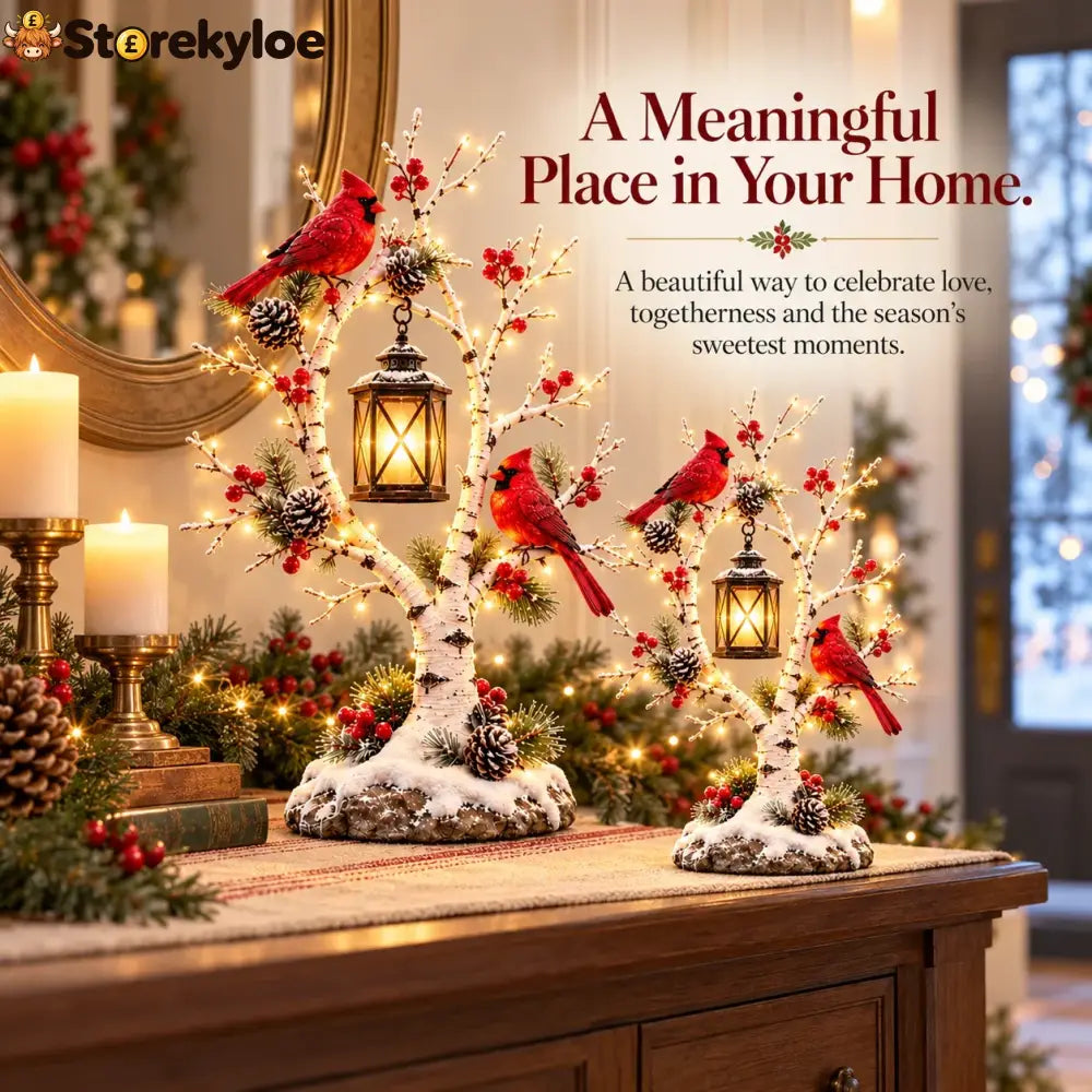 ❤️ Cardinal Winter Lantern Tree™ – Lighted Snowy Birch Tree with Red Cardinals & Hanging Lantern ✨