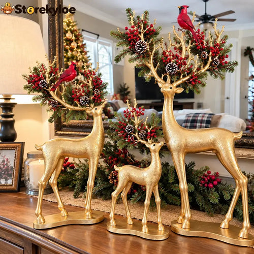 ✨ Cardinal Woodland Reindeer™ – Lighted Golden Christmas Deer Decorations