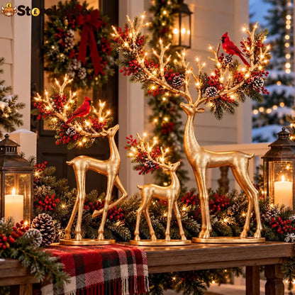 ✨ Cardinal Woodland Reindeer™ – Lighted Golden Christmas Deer Decorations