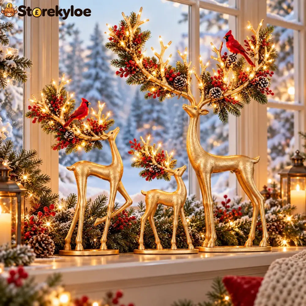 ✨ Cardinal Woodland Reindeer™ – Lighted Golden Christmas Deer Decorations
