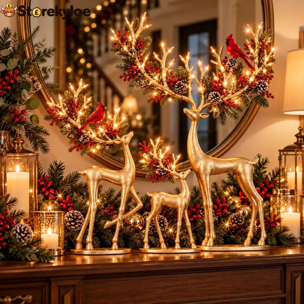 ✨ Cardinal Woodland Reindeer™ – Lighted Golden Christmas Deer Decorations