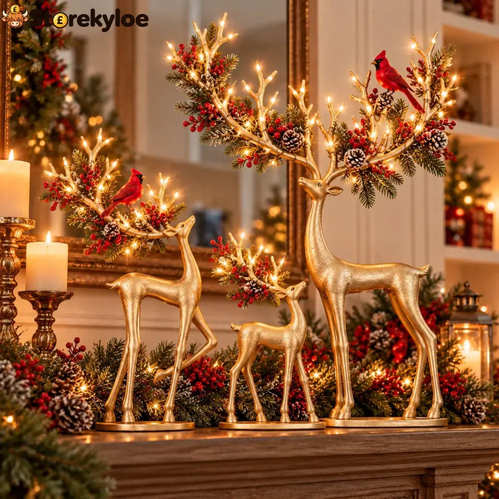 ✨ Cardinal Woodland Reindeer™ – Lighted Golden Christmas Deer Decorations