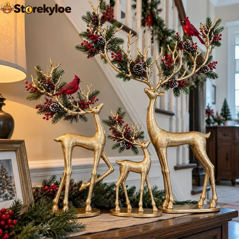✨ Cardinal Woodland Reindeer™ – Lighted Golden Christmas Deer Decorations