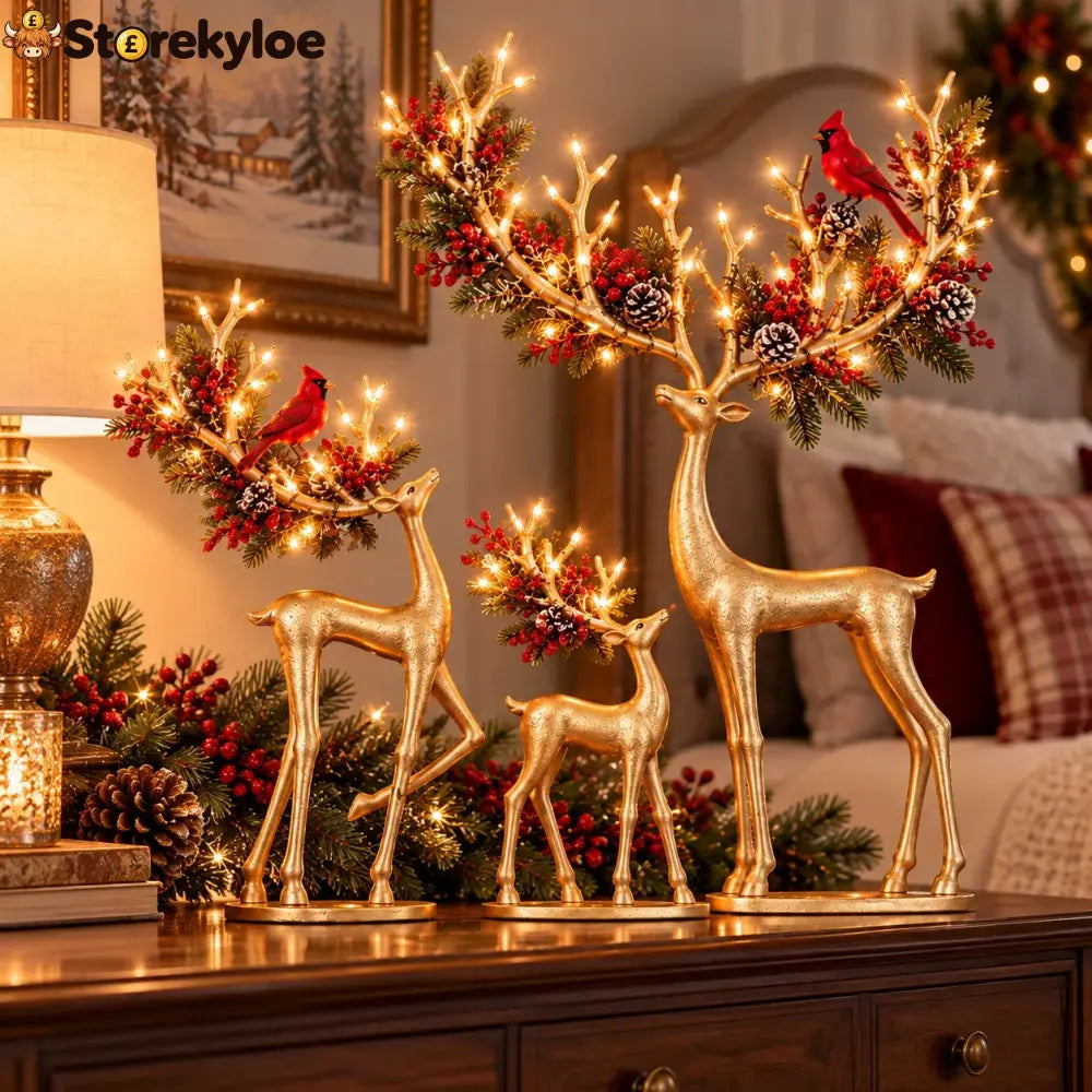 ✨ Cardinal Woodland Reindeer™ – Lighted Golden Christmas Deer Decorations