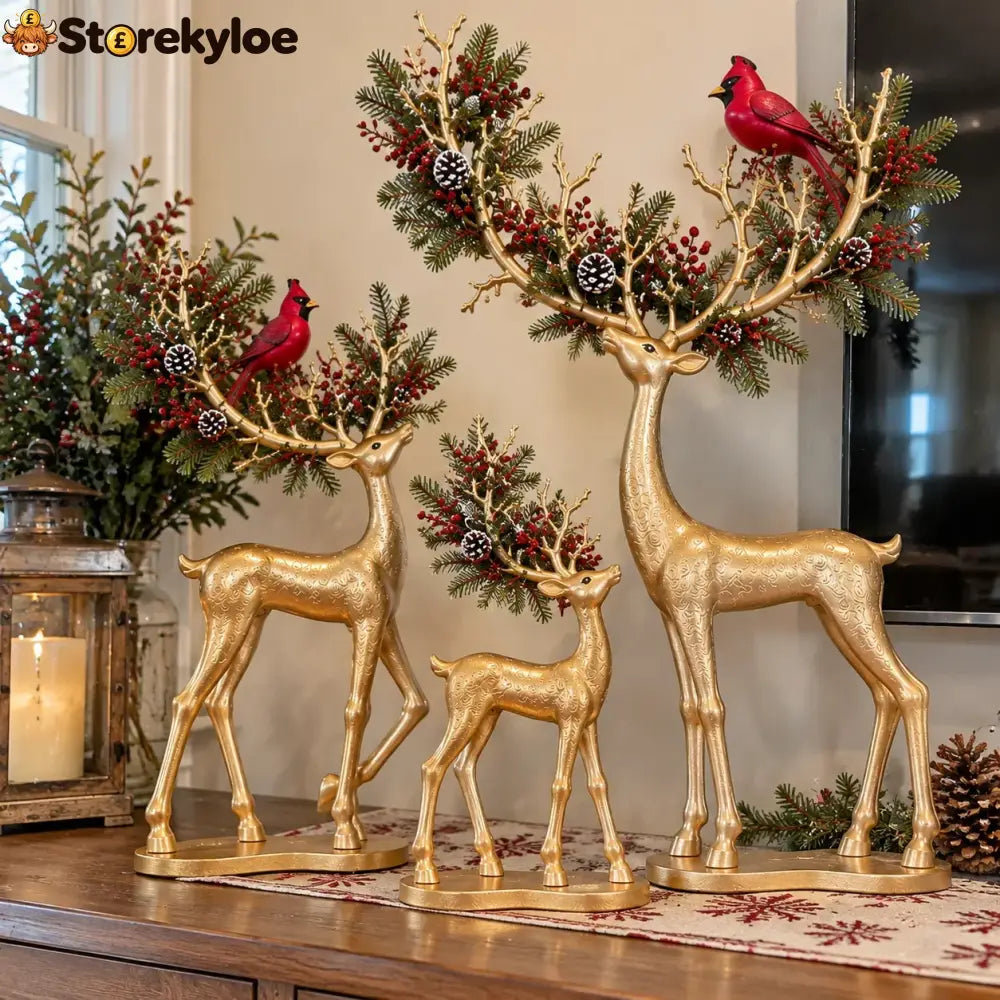 ✨ Cardinal Woodland Reindeer™ – Lighted Golden Christmas Deer Decorations - S