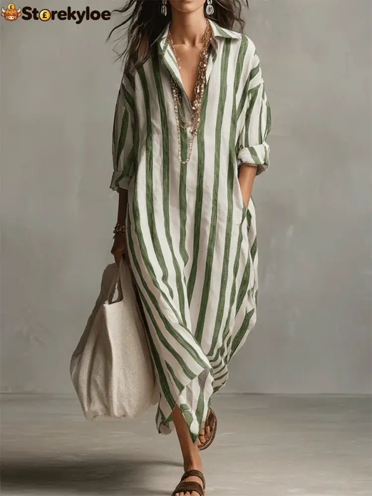Casual And Cozy Striped Linen-cotton Dress - Green / S