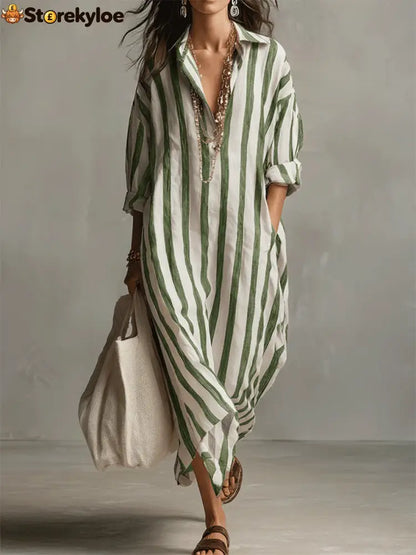 Casual And Cozy Striped Linen-cotton Dress - Green / S