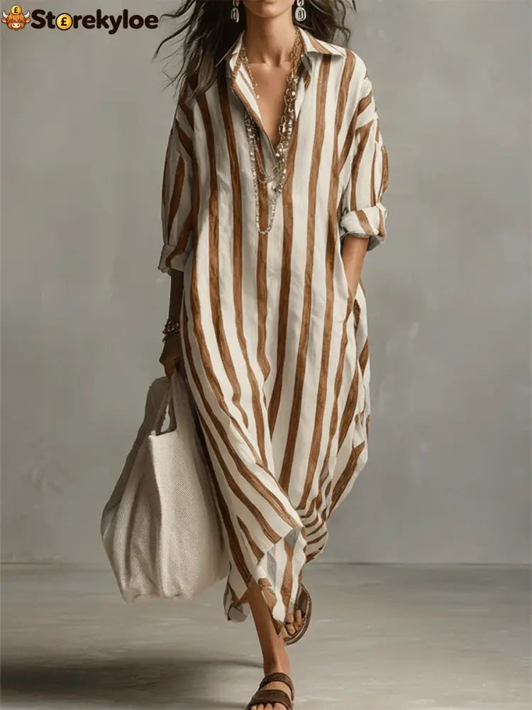 Casual And Cozy Striped Linen-cotton Dress - Khaki / S