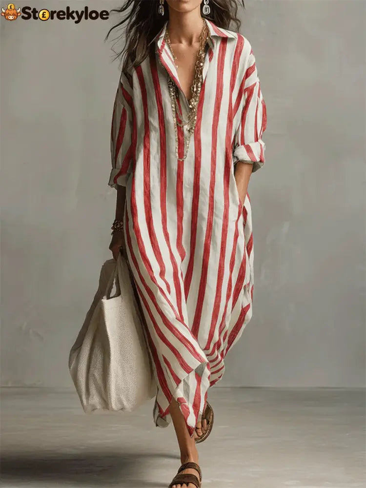 Casual And Cozy Striped Linen-cotton Dress - Red / S