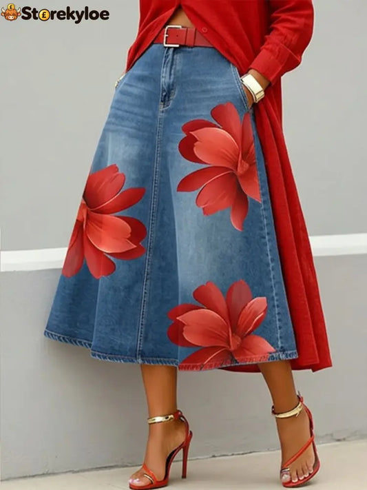 Casual Artistic Floral-print A-line Denim Skirt - Red / S